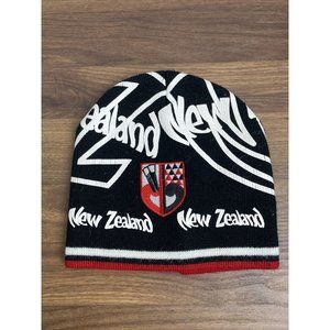 New Zealand Black White Red Knit Cap Snow Ski Beanie OSFM Patch Logo Printed